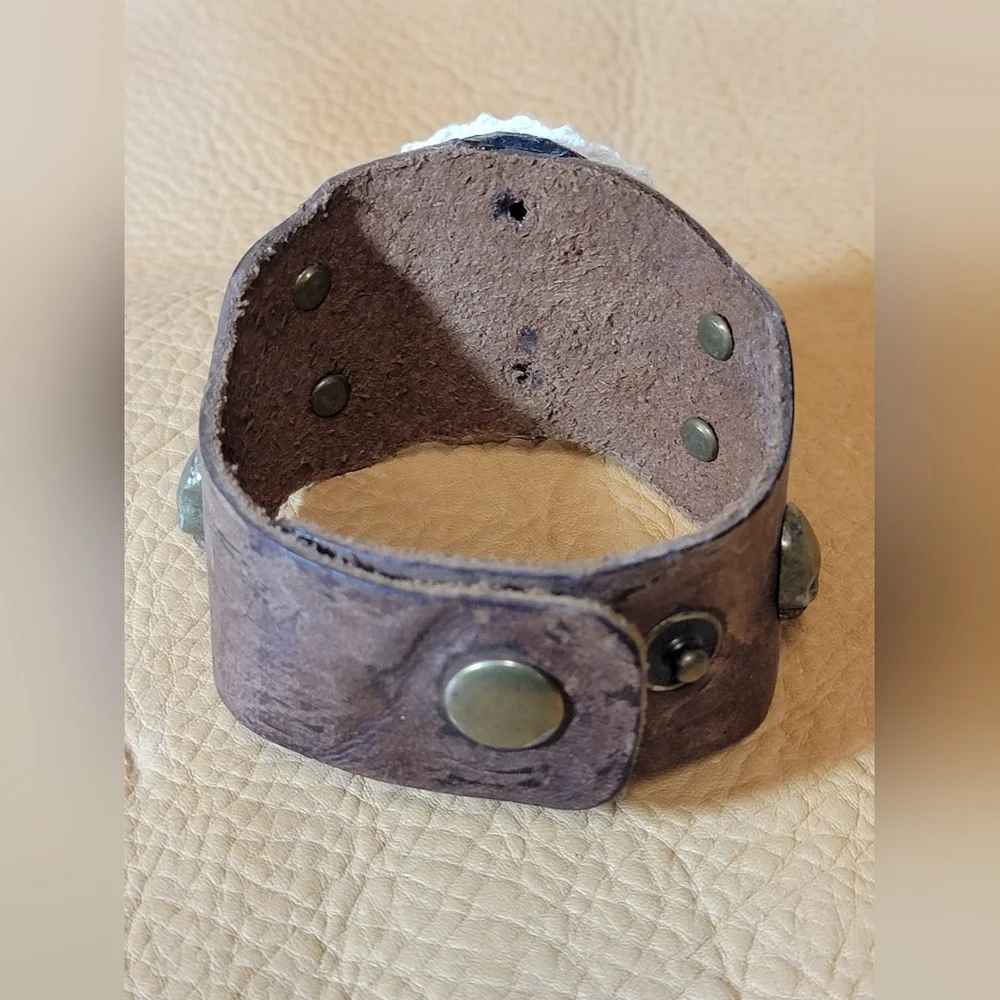 Leather & Lace Cuff Bracelet With Skulls & Crystal Rhinestones Handmade - Picture 7 of 12